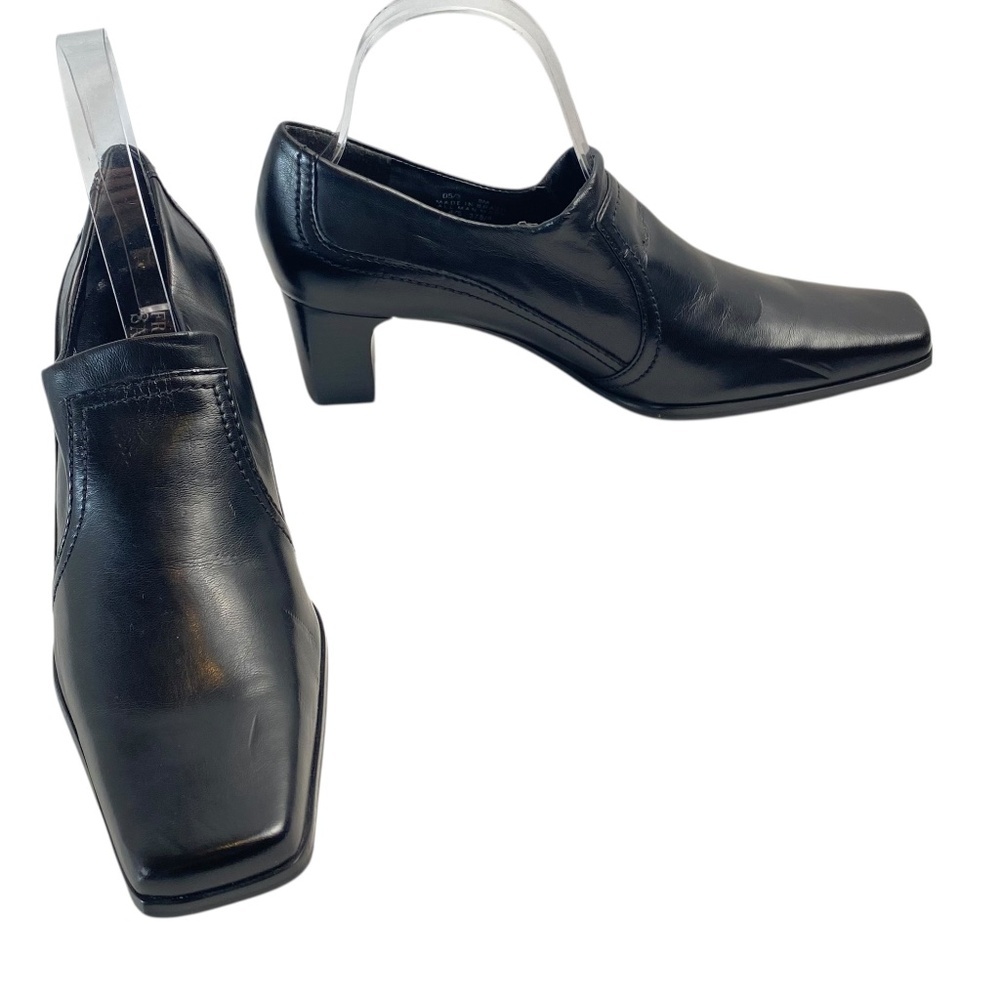 Franco Sarto Black Leather Square-Toe Mid Heel Slip-On Booties